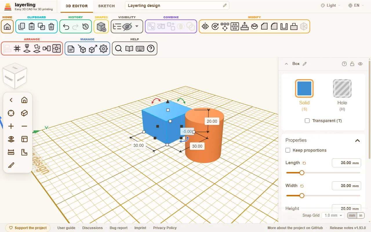 The editor with two shapes on the workplane. The ribbon on top, the camera controls on the left, the settings of the selected shape on the right.